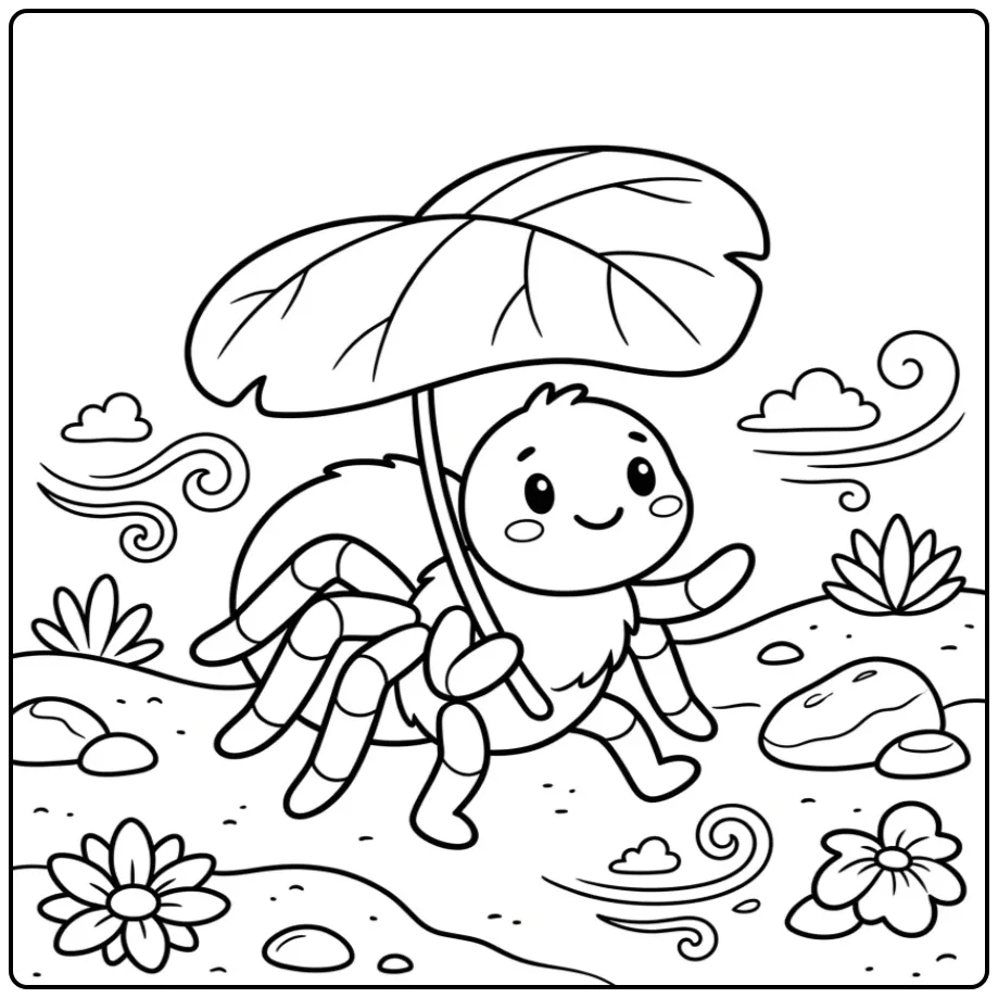 Een leuke kleurplaat vogelspin met blad als paraplu.