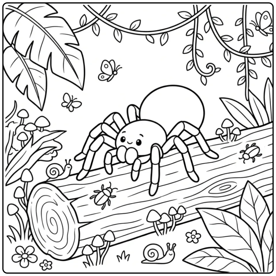 Gedetailleerde kleurplaat vogelspin in de jungle.