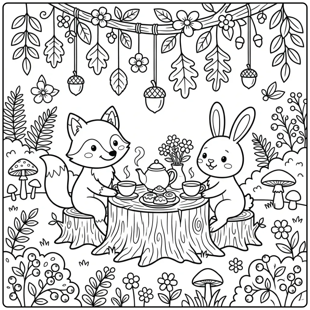 Vrolijke kleurplaat vos en haas aan een theetafel in het bos