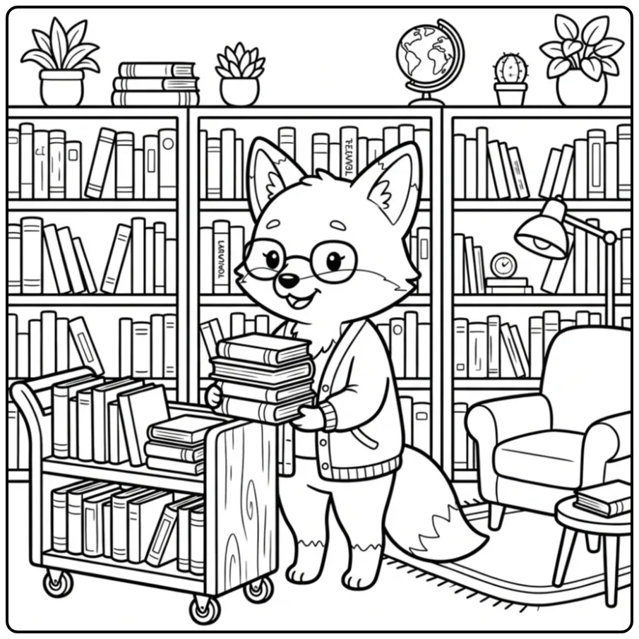 Vrolijke kleurplaat vos als bibliothecaris met boeken.