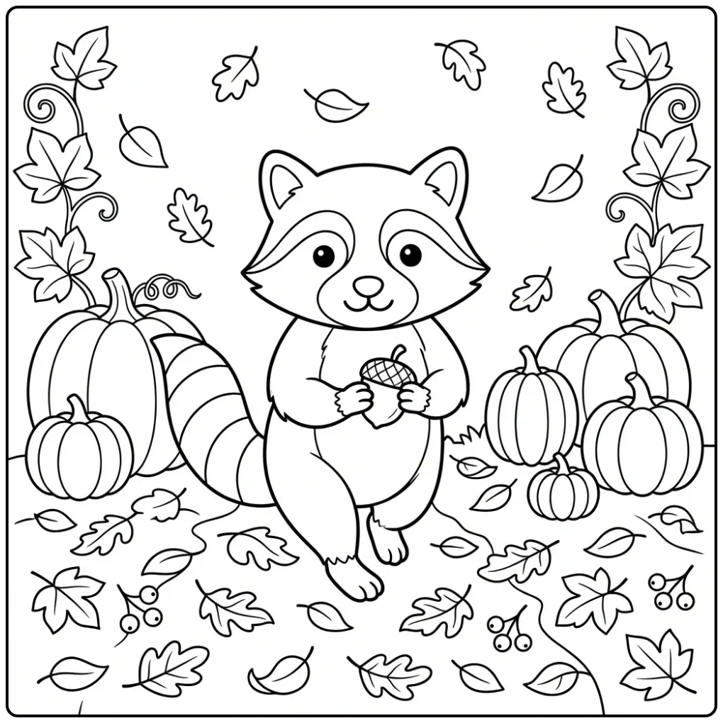 Leuke kleurplaat wasbeer met eikel tussen pompoenen.