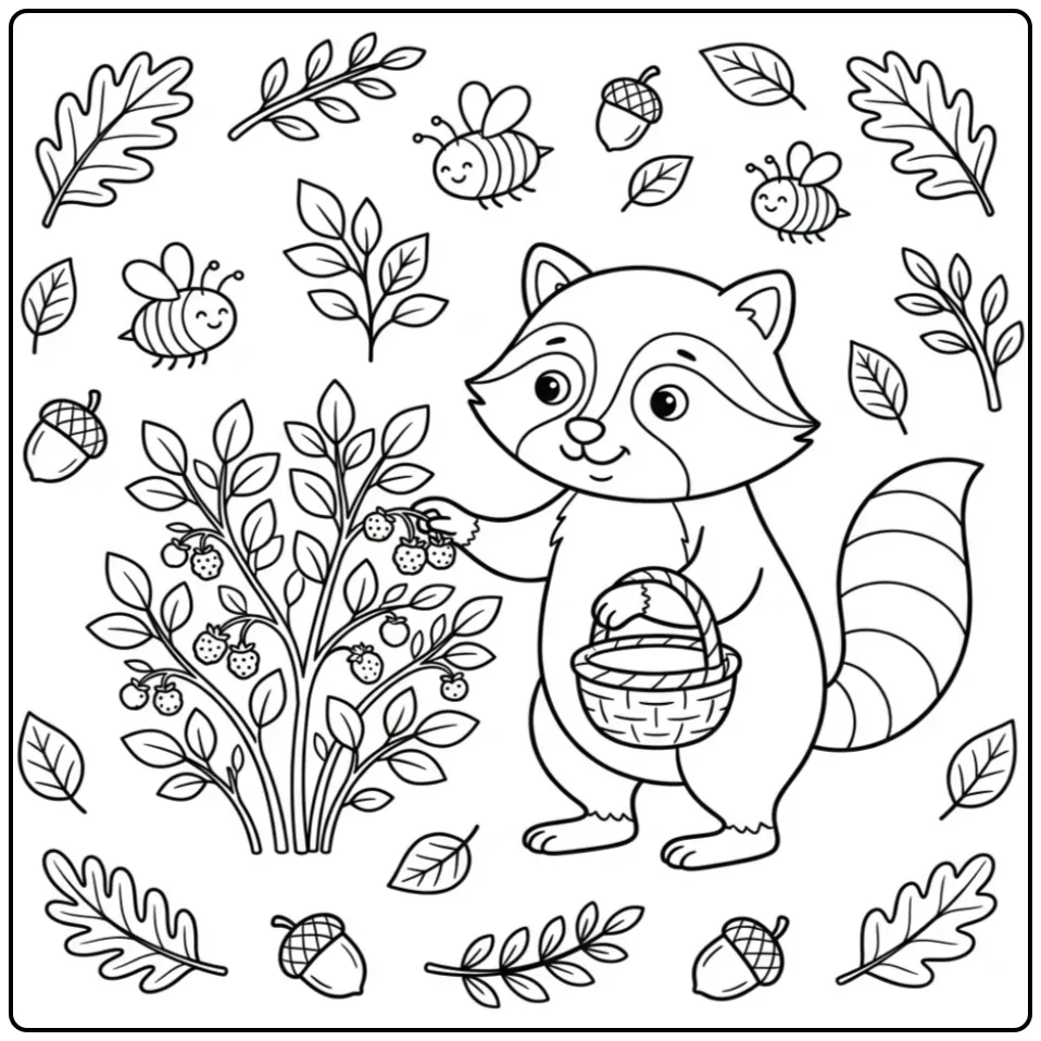 Kleurplaat wasbeer die bessen plukt in het bos.