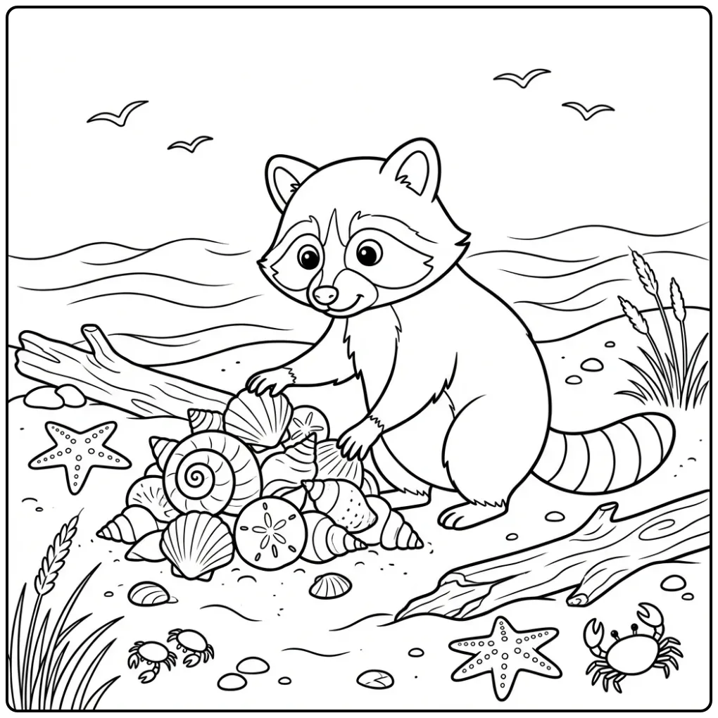 Kleurplaat wasbeer die schelpen zoekt bij de zee.