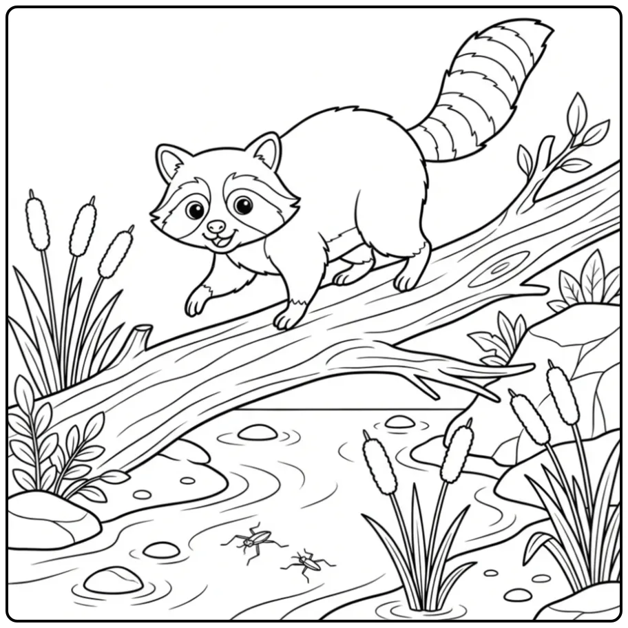 Kleurplaat wasbeer balanceert op tak boven beekje.