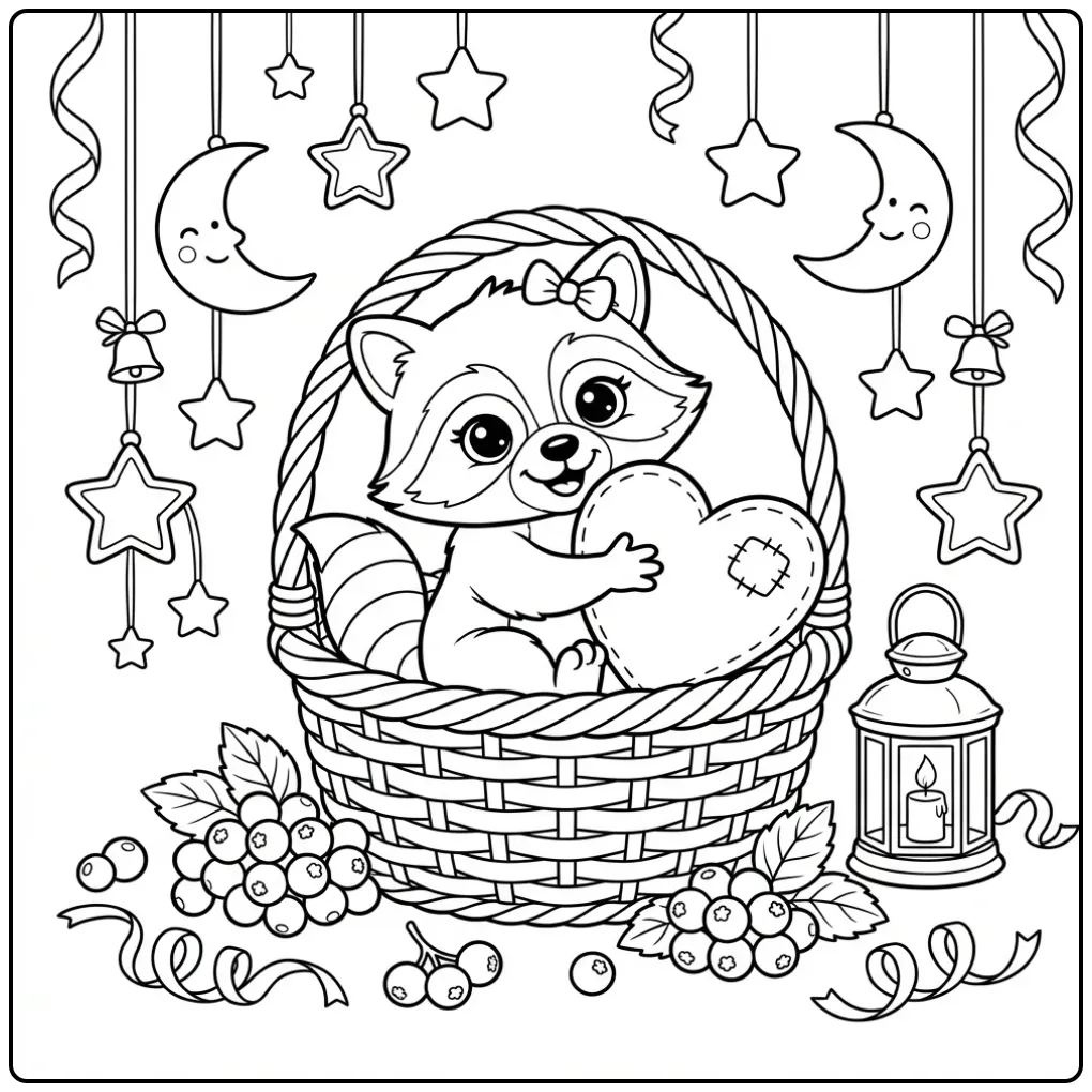 Lieve kleurplaat wasbeertje in mand met hartkussen en sterren