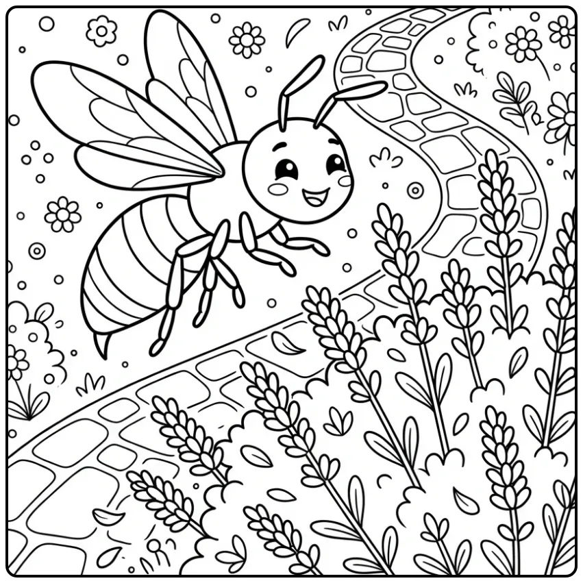 Een vrolijke kleurplaat wesp tussen de bloemen.