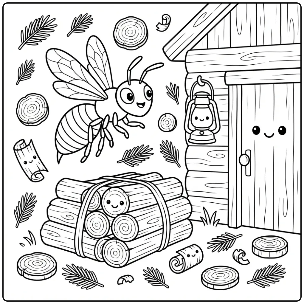 Vrolijke kleurplaat wesp vliegend bij blokhut hout.