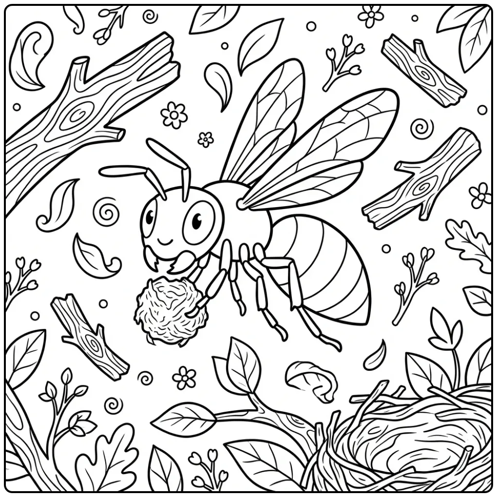 Vliegende kleurplaat wesp met hout voor het nest.