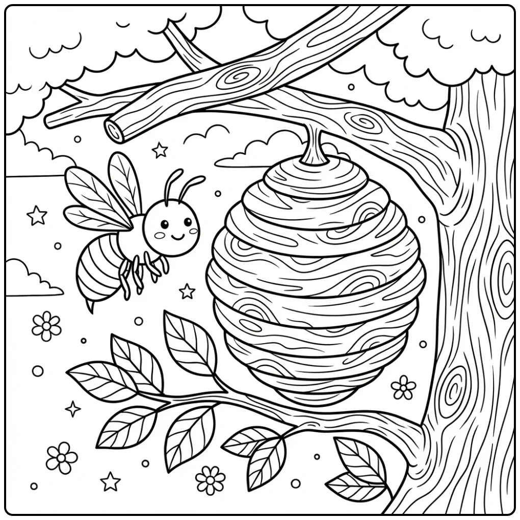 Leuke kleurplaat wesp zwevend bij een papieren nest.