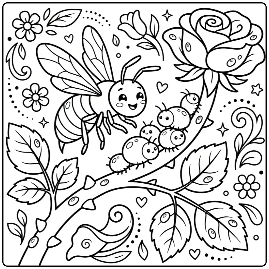 Leuke kleurplaat wesp zoekt bladluizen tussen de rozen.