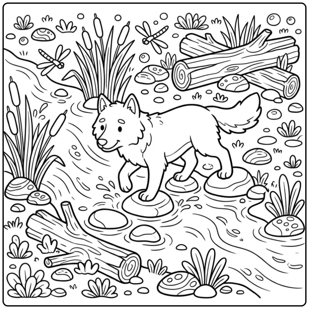 Kleurplaat wolf stappend over natte stenen in rivier