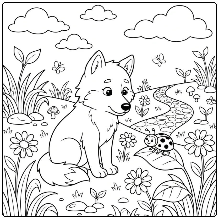 Vrolijke kleurplaat wolf in een lente weide met bloemen