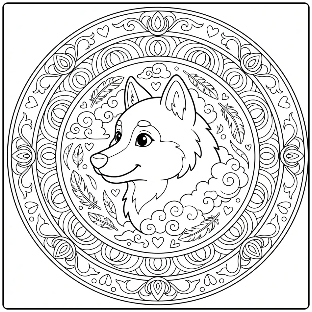 Ronde kleurplaat wolf mandala met een lief profiel.