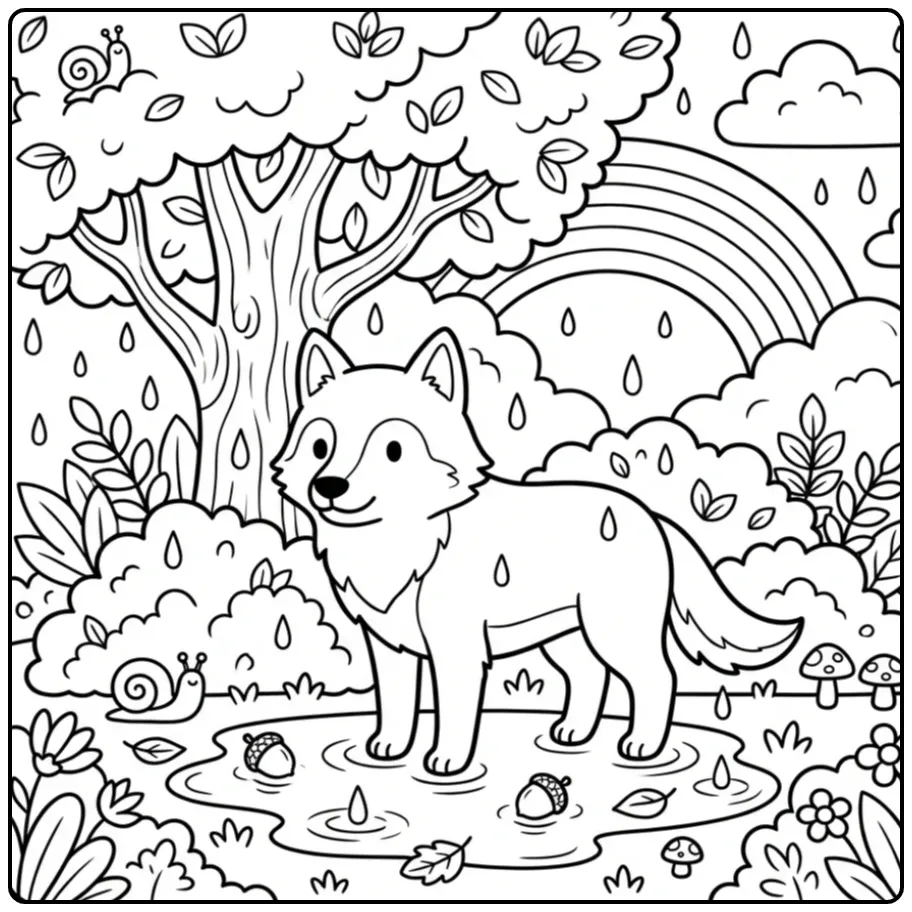 Kleurplaat wolf in de regen bij een boom en regenboog