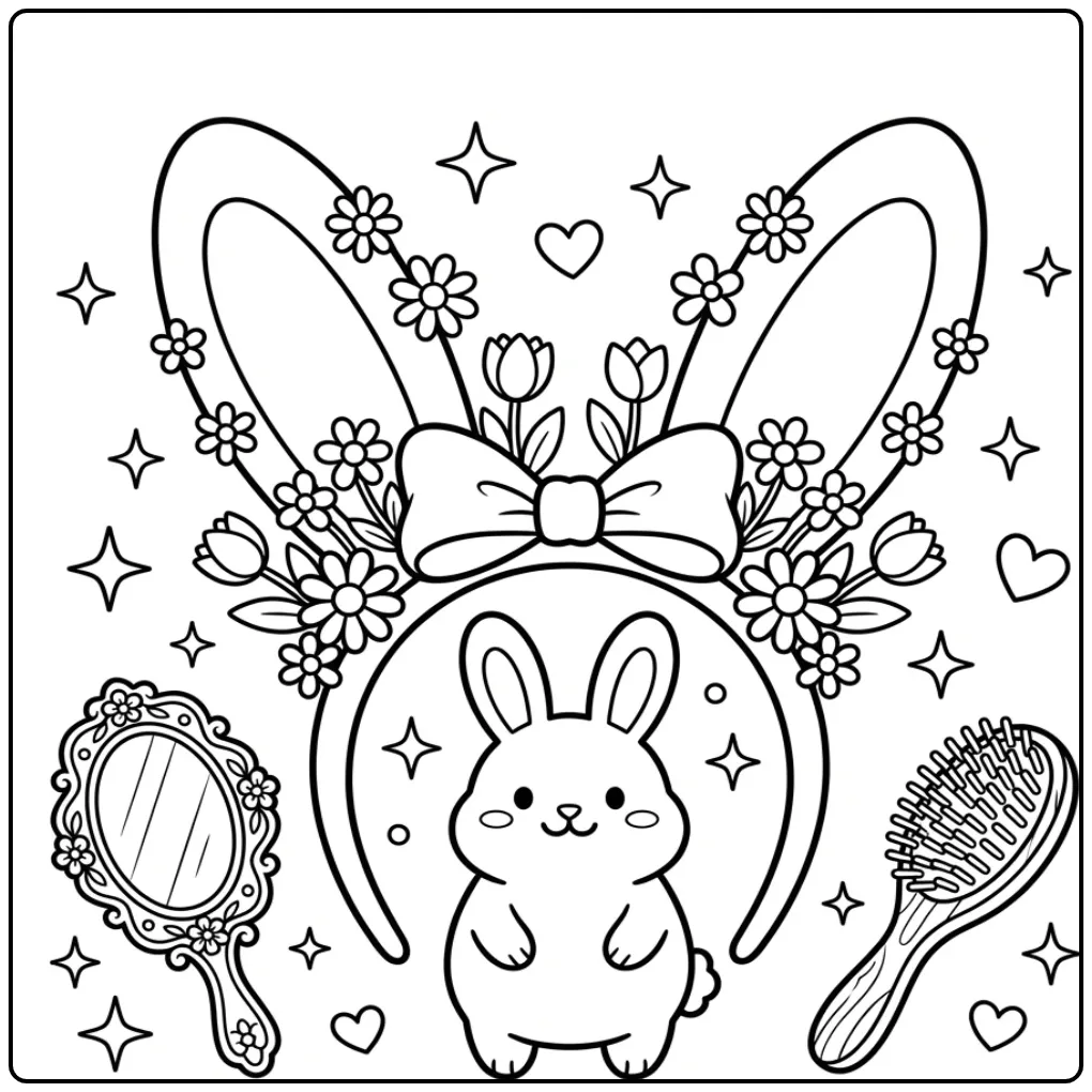 Printbare konijnenoren kleurplaat met lente details.