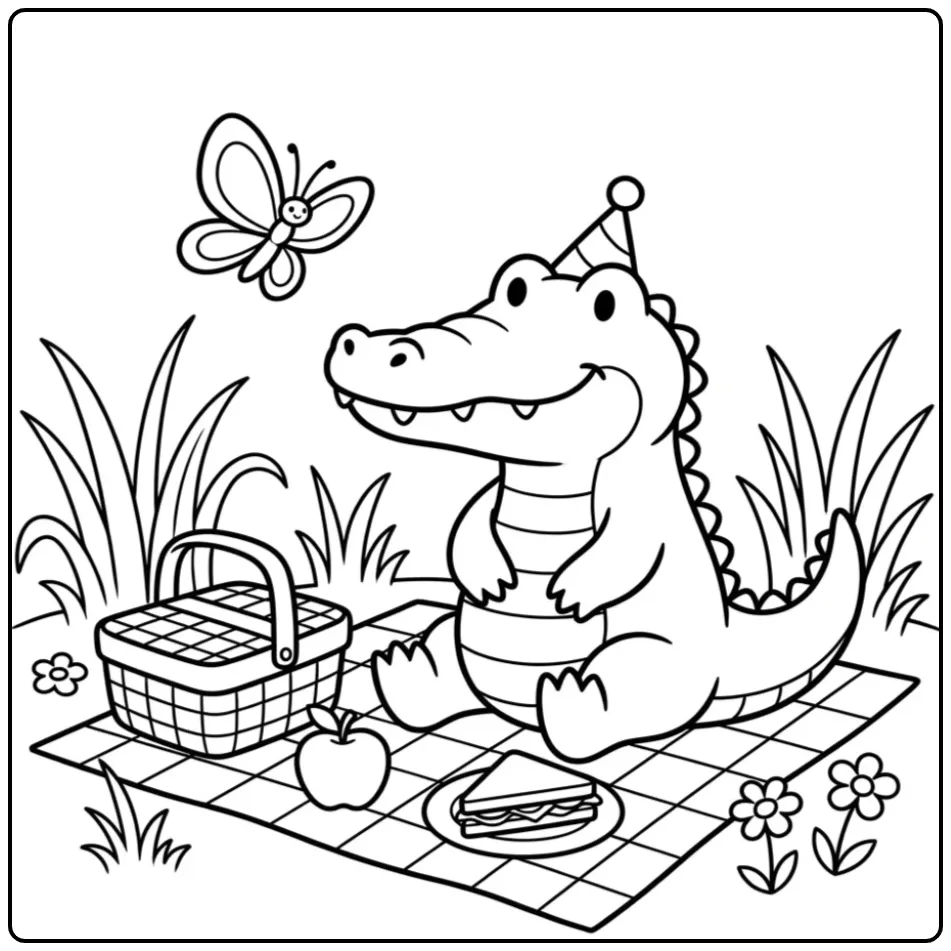 Krokodil kleurplaat makkelijk met picknickmand en appel.