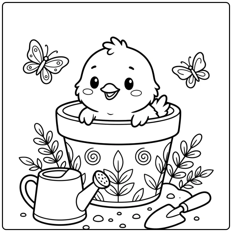 Kuiken kleurplaat in bloempot met vlinders en gieter.