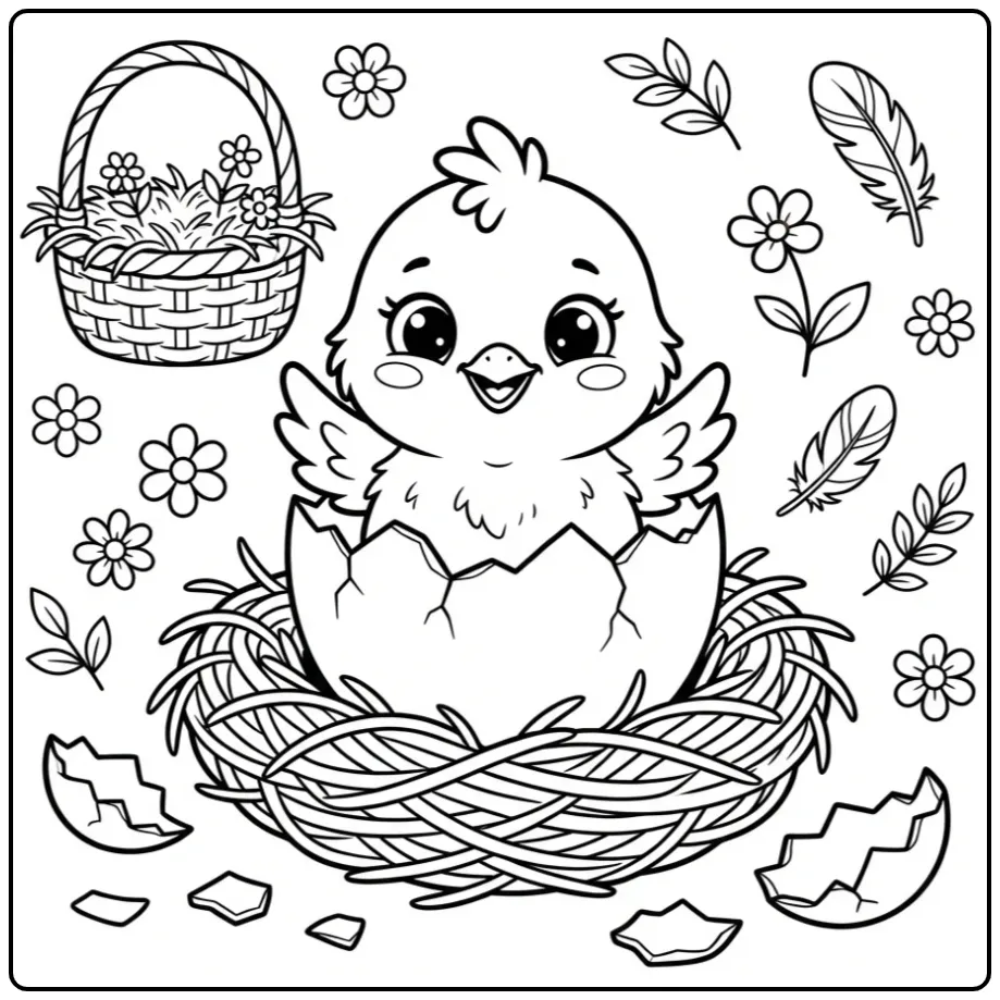 Kuiken kleurplaat van een baby kip uit een ei in een nest.