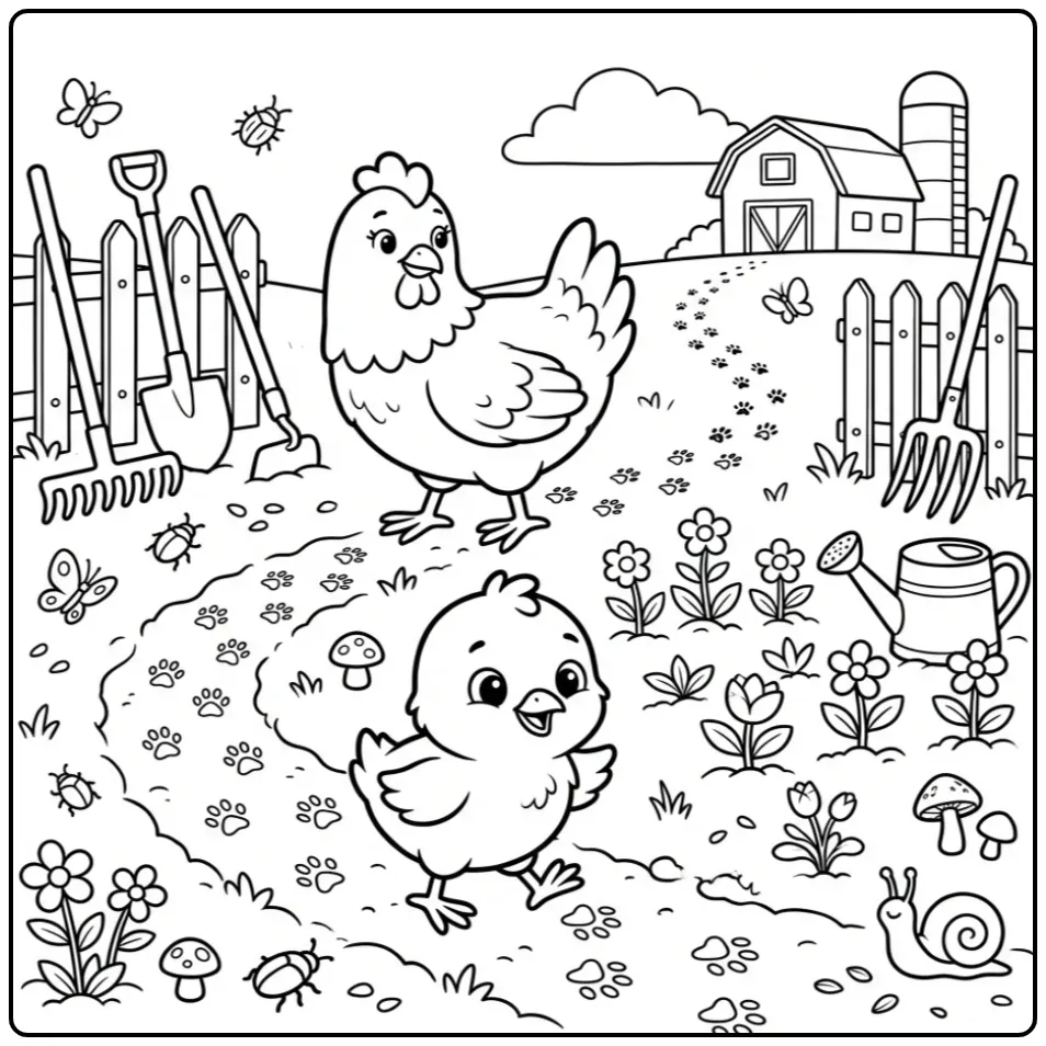 Kleine kuiken kleurplaat volgt voetsporen van moederkip.