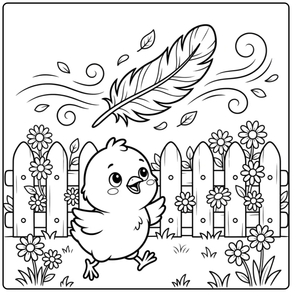 Vrolijke kuiken kleurplaat rennend achter een veer.