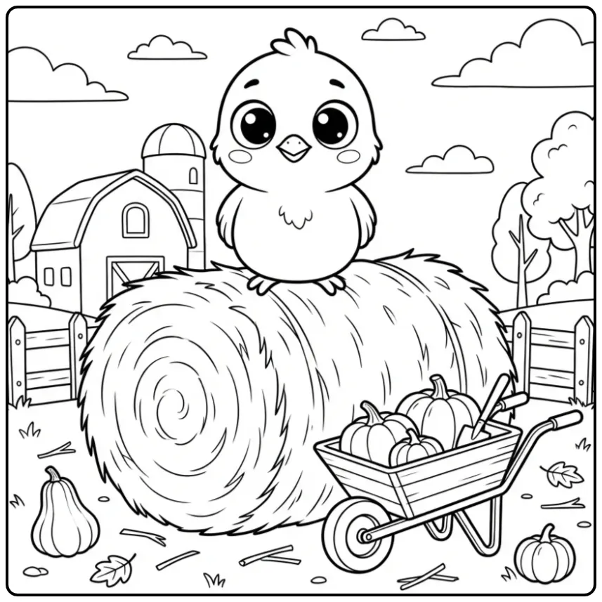 Een vrolijke kuiken kleurplaat met pompoenen en hooi.