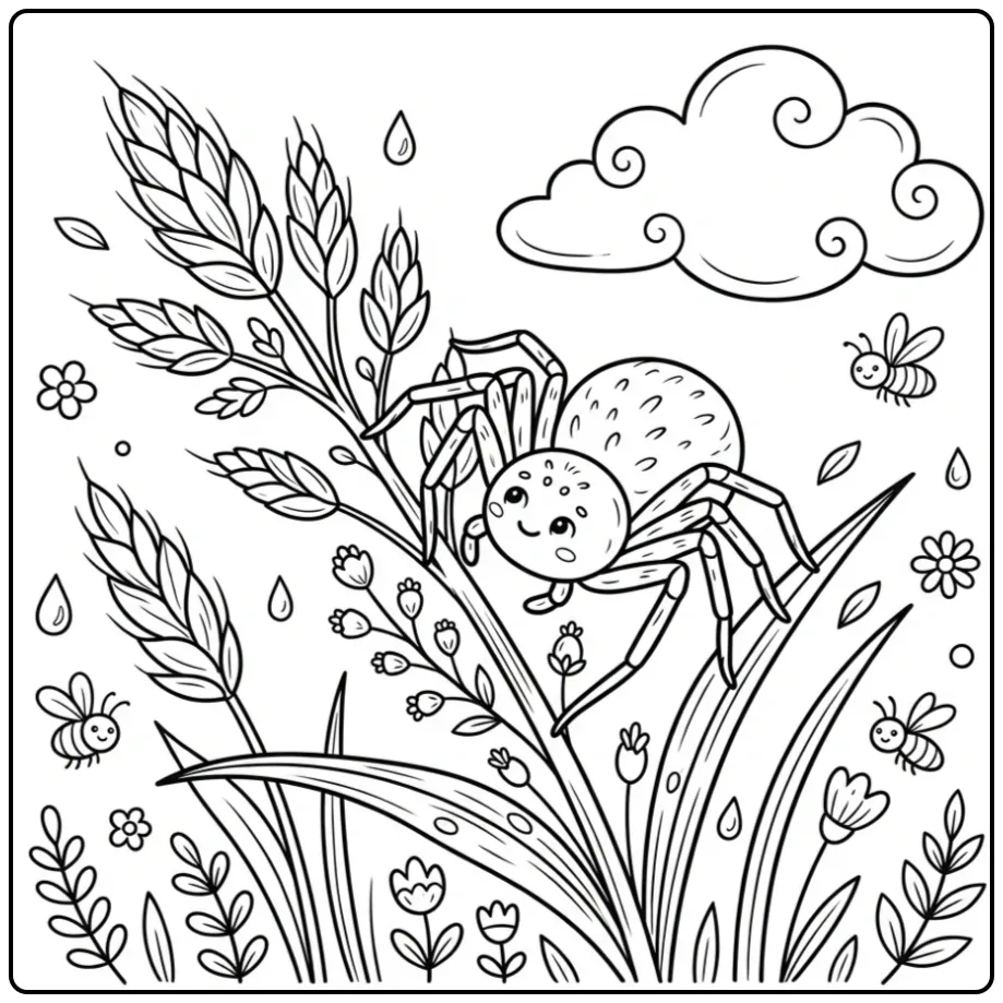 Cartoon spin kleurplaat balancerend op gras.