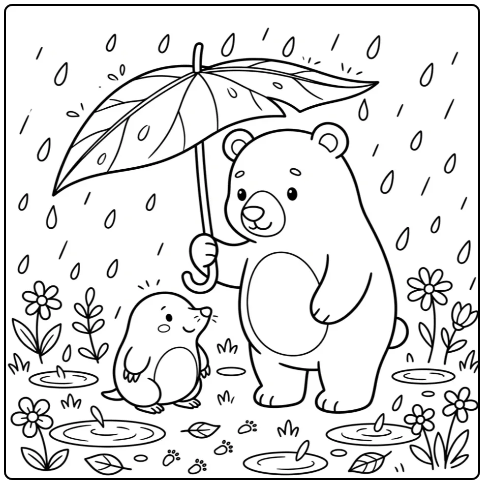 Vrolijke mol en beer kleurplaat onder een groot blad.