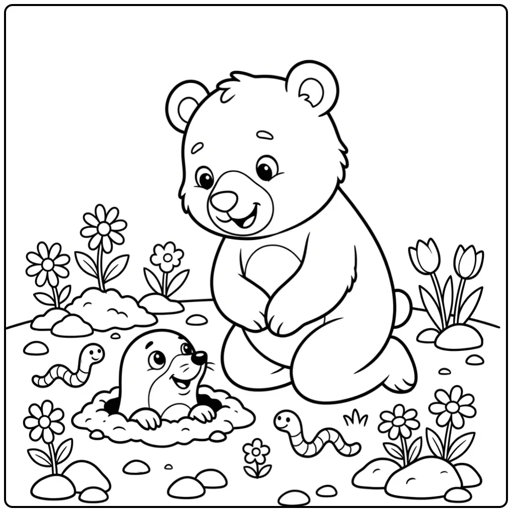 Printbare mol en beer kleurplaat met wormpjes