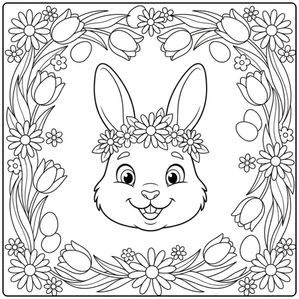 Lieve paashaas hoofd kleurplaat omringd door vrolijke tulpen.