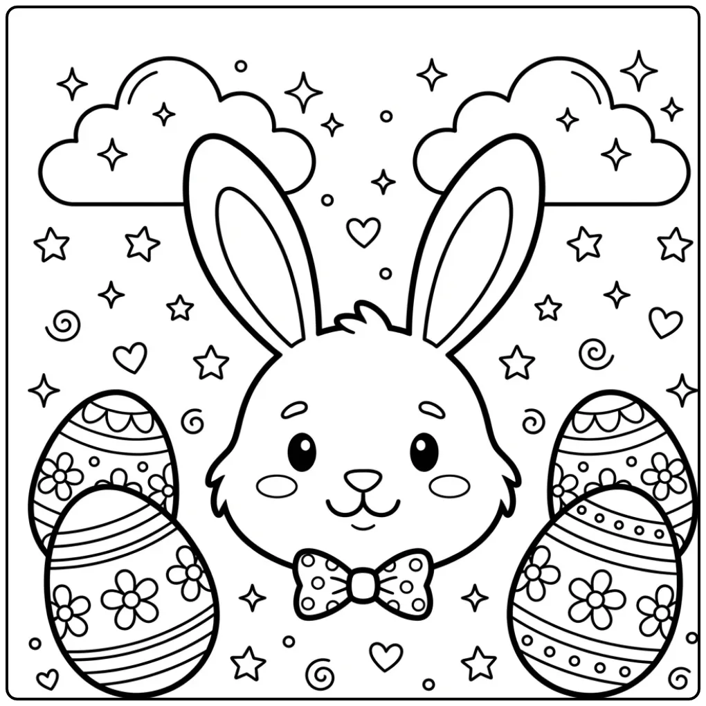 Vrolijke paashaas hoofd kleurplaat met eieren.