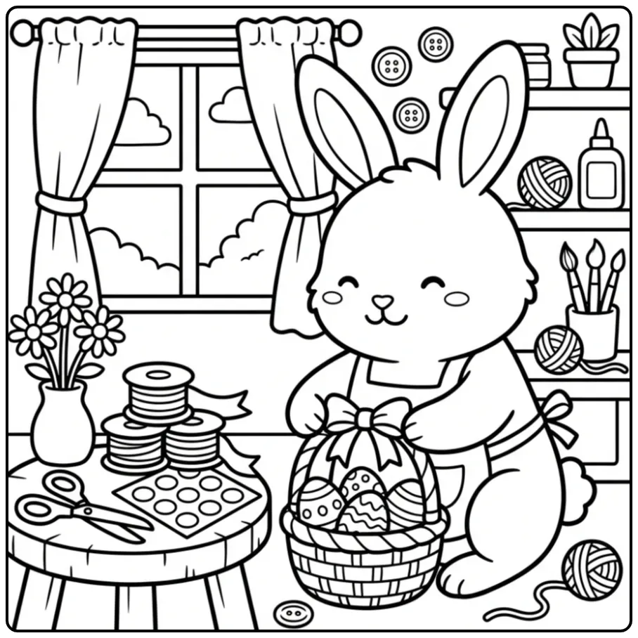 Creatieve paashaas kleurplaat met konijn en paaseieren.