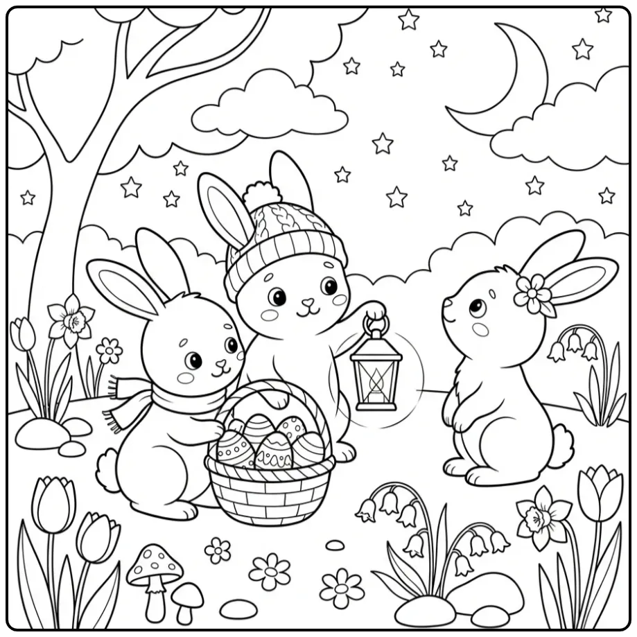 Leuke paashaasjes kleurplaat onder de maan.
