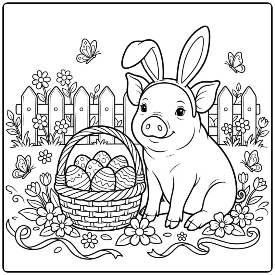 Leuke Paaskleurplaat van een varken met konijnenoren.