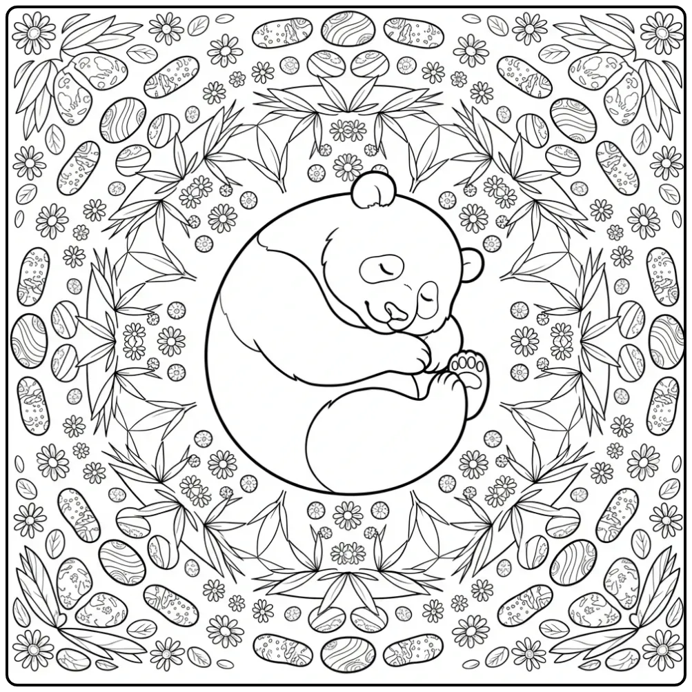 Mandala met schattige panda kleurplaat en bamboe bladeren.