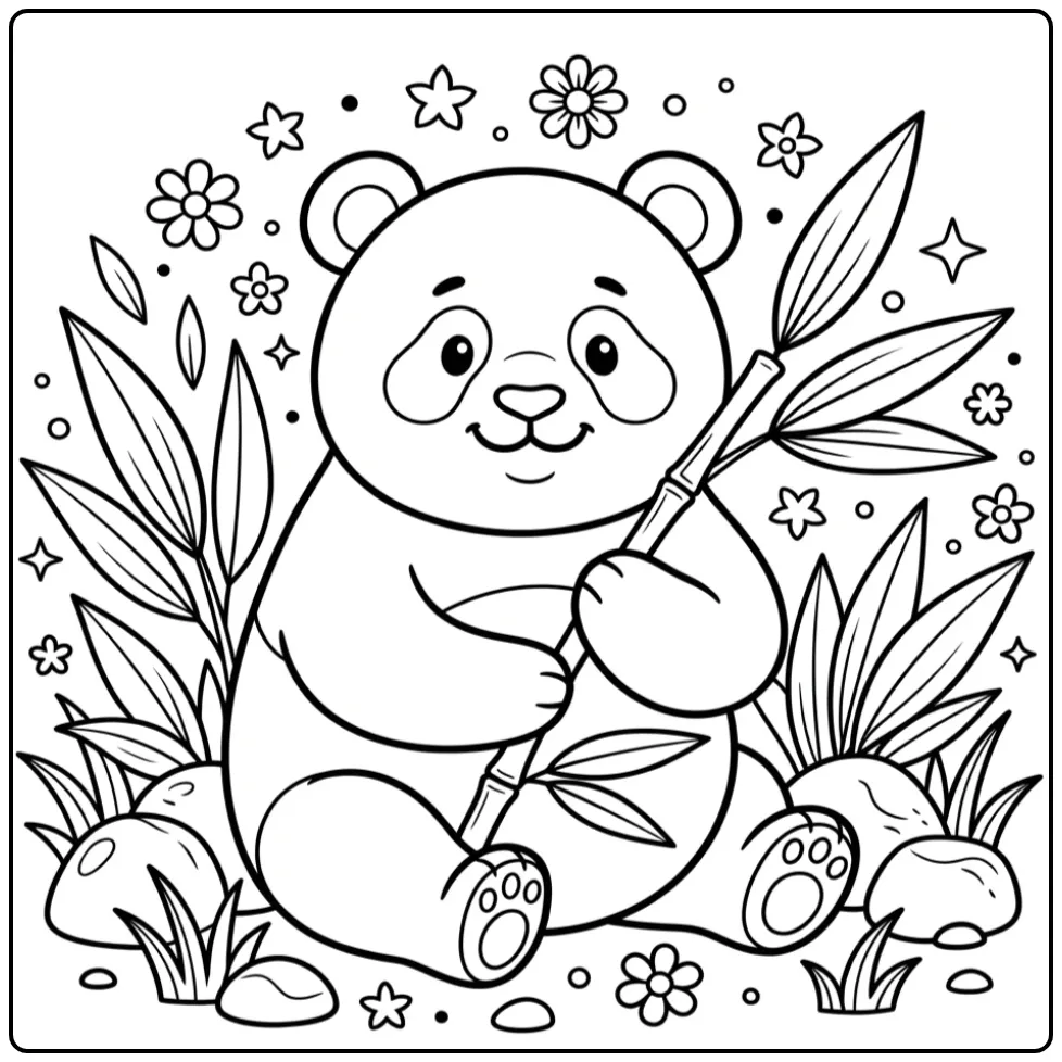 Een leuke panda kleurplaat makkelijk met bamboe en bladeren.