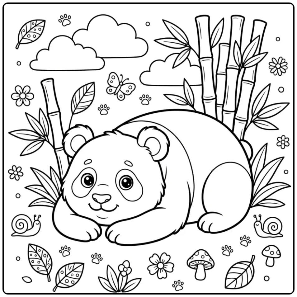 Liggende panda kleurplaat makkelijk tussen bamboe en wolken.