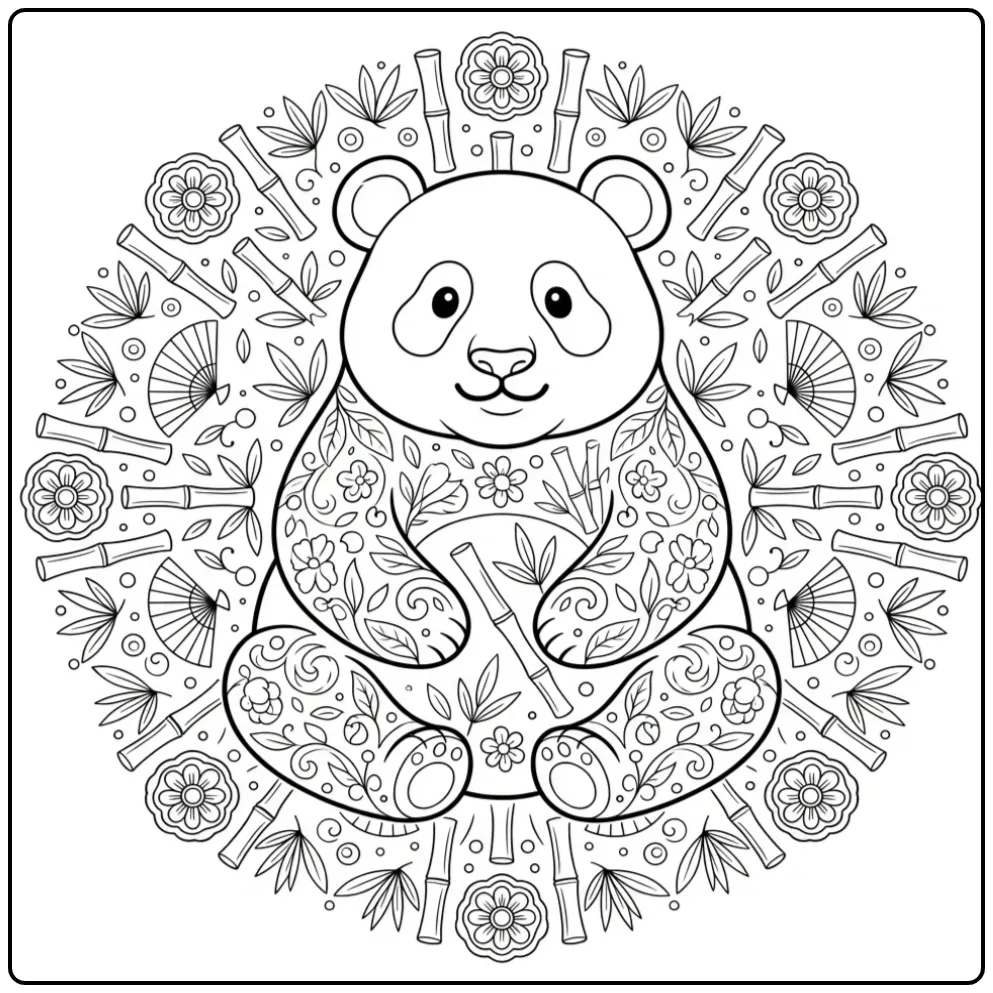 Een gedetailleerde schattige panda kleurplaat in mandala.