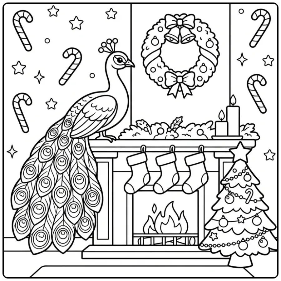 Kleurplaat van een Pauw Kerstmis bij de gezellige open haard.