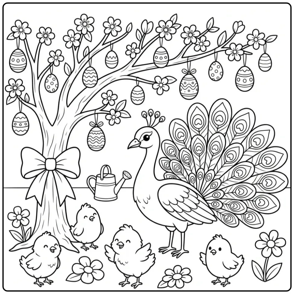 Vrolijke Pauw Pasen kleurplaat met kuikens en eieren.