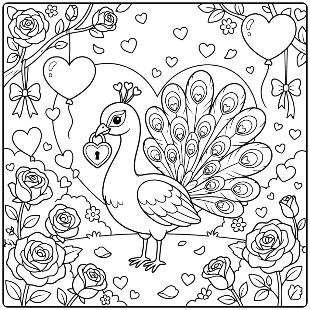 Kleurplaat van een Pauw Valentijnsdag met een hartjesmedaillon