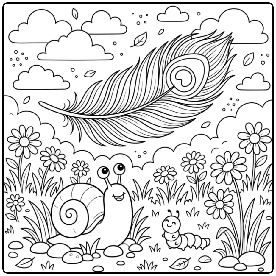 Zwevende pauwenveer kleurplaat met slakje.