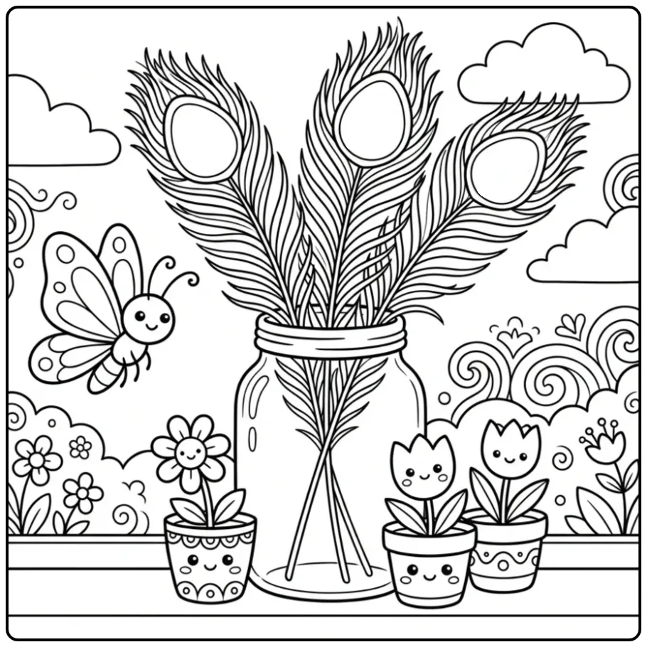 Vensterbank met bloemen en een pauwenveer kleurplaat.