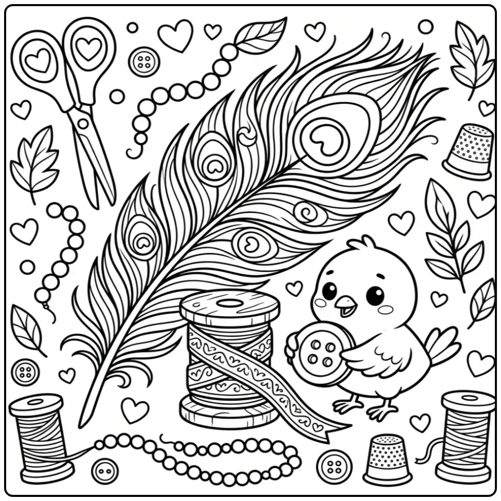 Mooie pauwenveer kleurplaat op een lintspoel met kraaltjes.