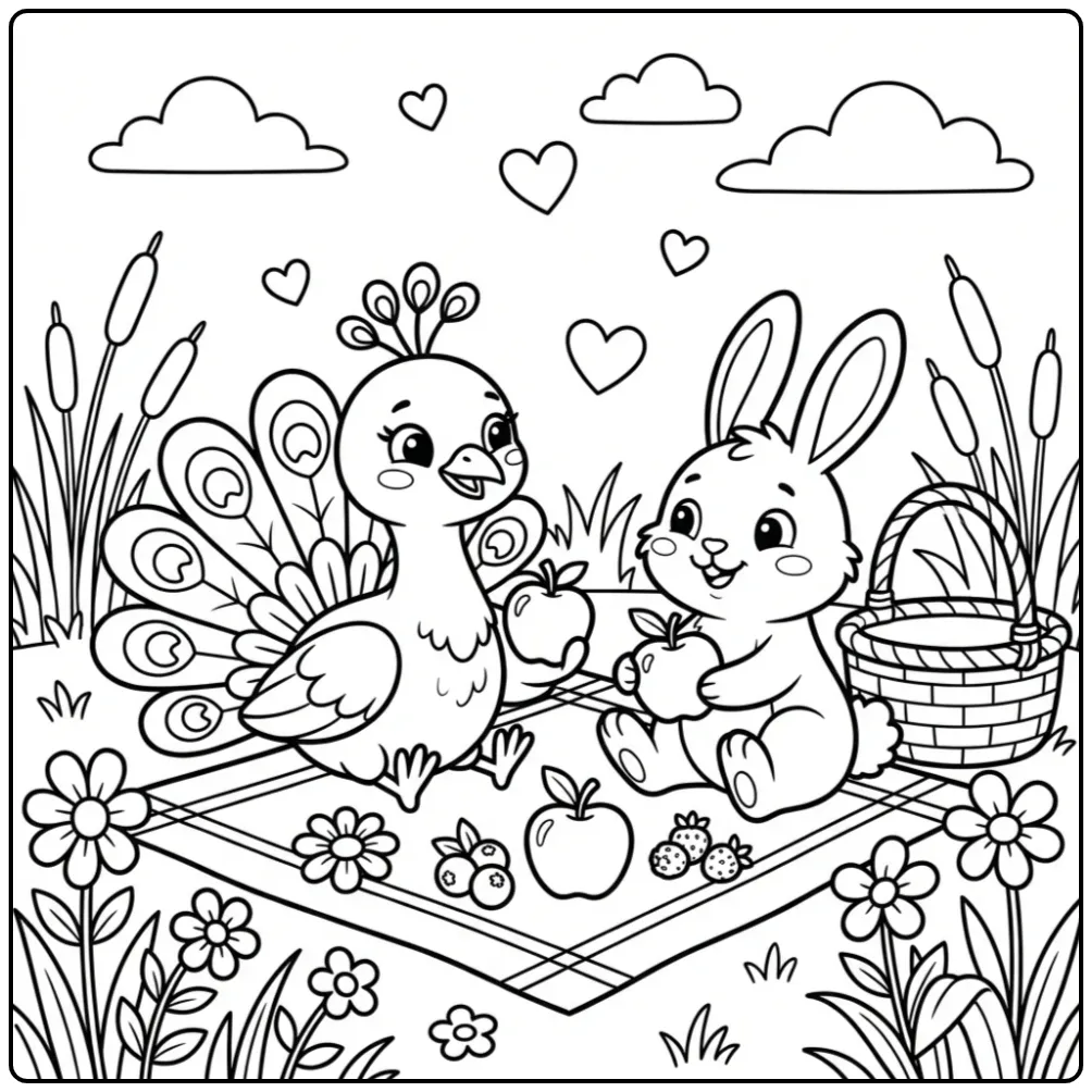 Vrolijke kleurplaat pauw met konijntje op een deken.