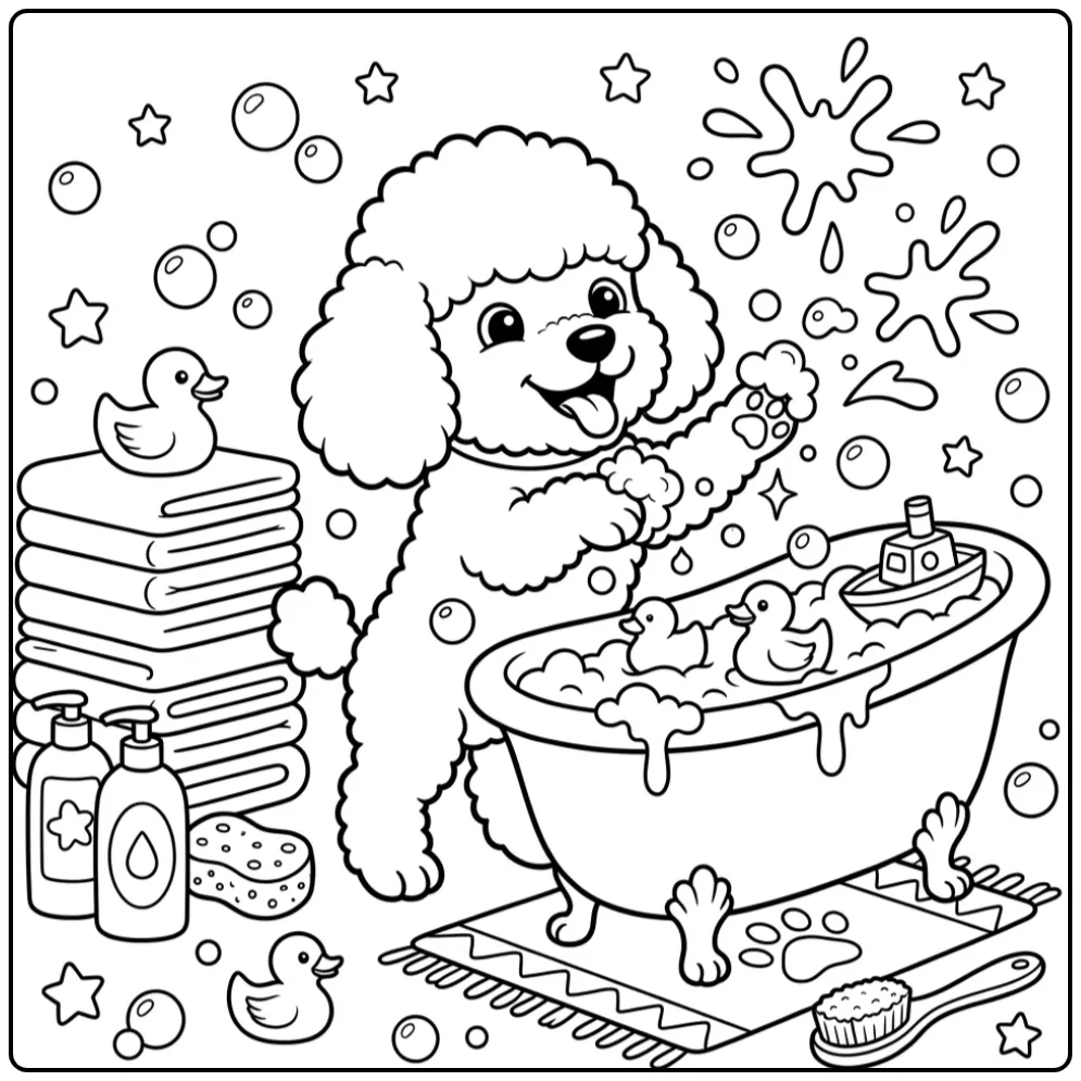 Speelse poedel met bubbels kleurplaat puppy voor kinderen.