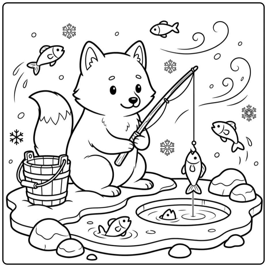 Vissende poolvos kleurplaat bij een wak in de sneeuw.