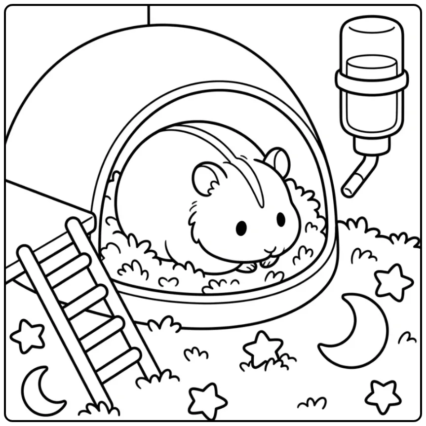 Leuke dwerghamster kleurplaat opgerold in een huisje