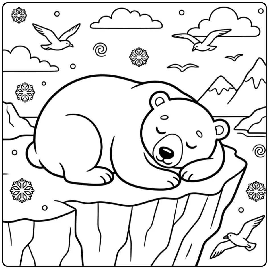 Een leuke ijsbeer kleurplaat rustend op een ijsschots.