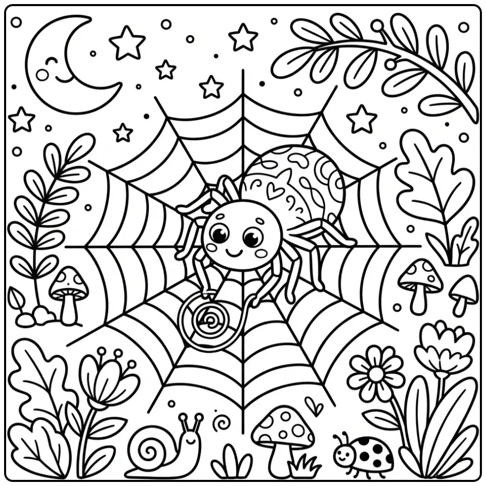 Vrolijke spin kleurplaat die een web weeft bij maanlicht.