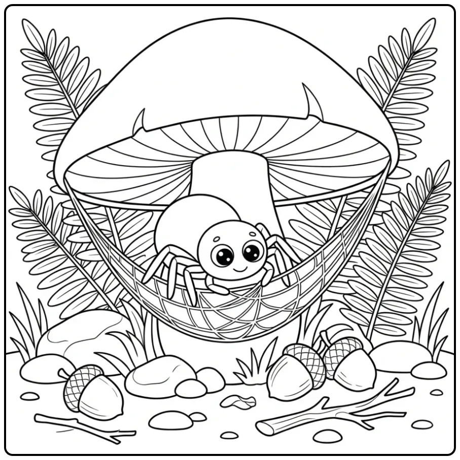 Kleine spin kleurplaat met web onder een paddenstoel.